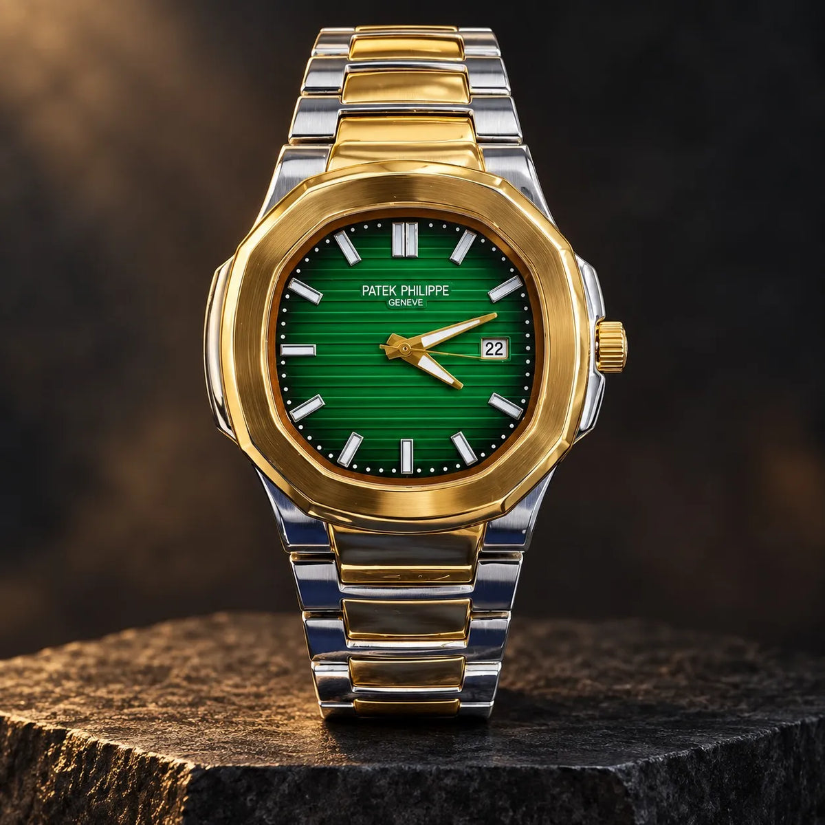 Luxury Men’s Green Dial Two-Tone Watch – Gold & Silver Stainless Steel Date Wristwatch
