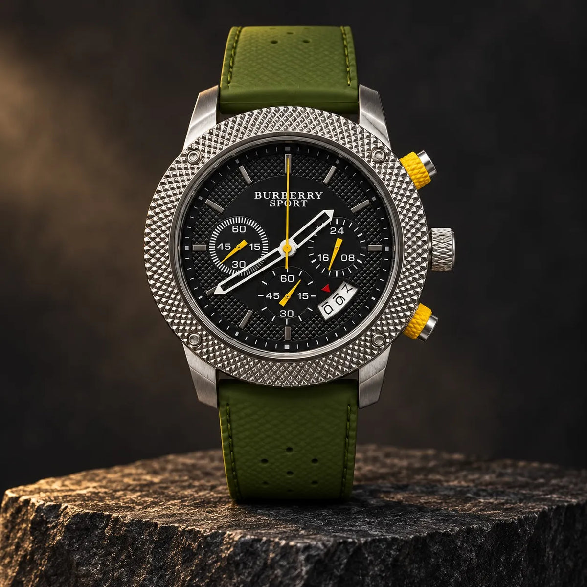 Men’s Green Chronograph Watch – Black Dial, Textured Silver Bezel & Sport Leather Strap
