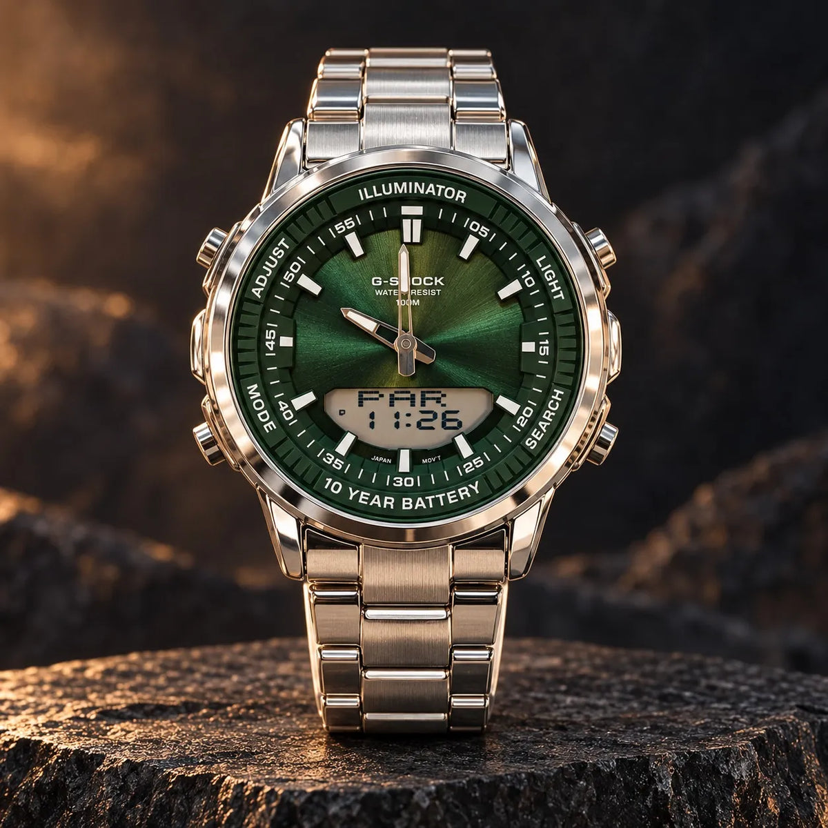 Men’s Green Analog-Digital Watch – Stainless Steel Sport Watch with 100M Water Resistance & 10-Year Battery