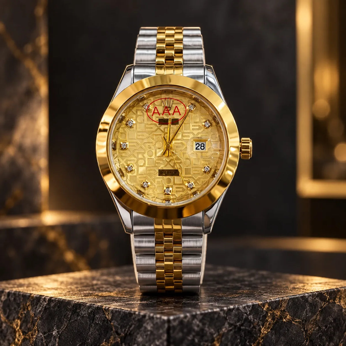 Luxury Men’s Two-Tone Gold & Silver Watch – Premium Gold Dial Date Wristwatch