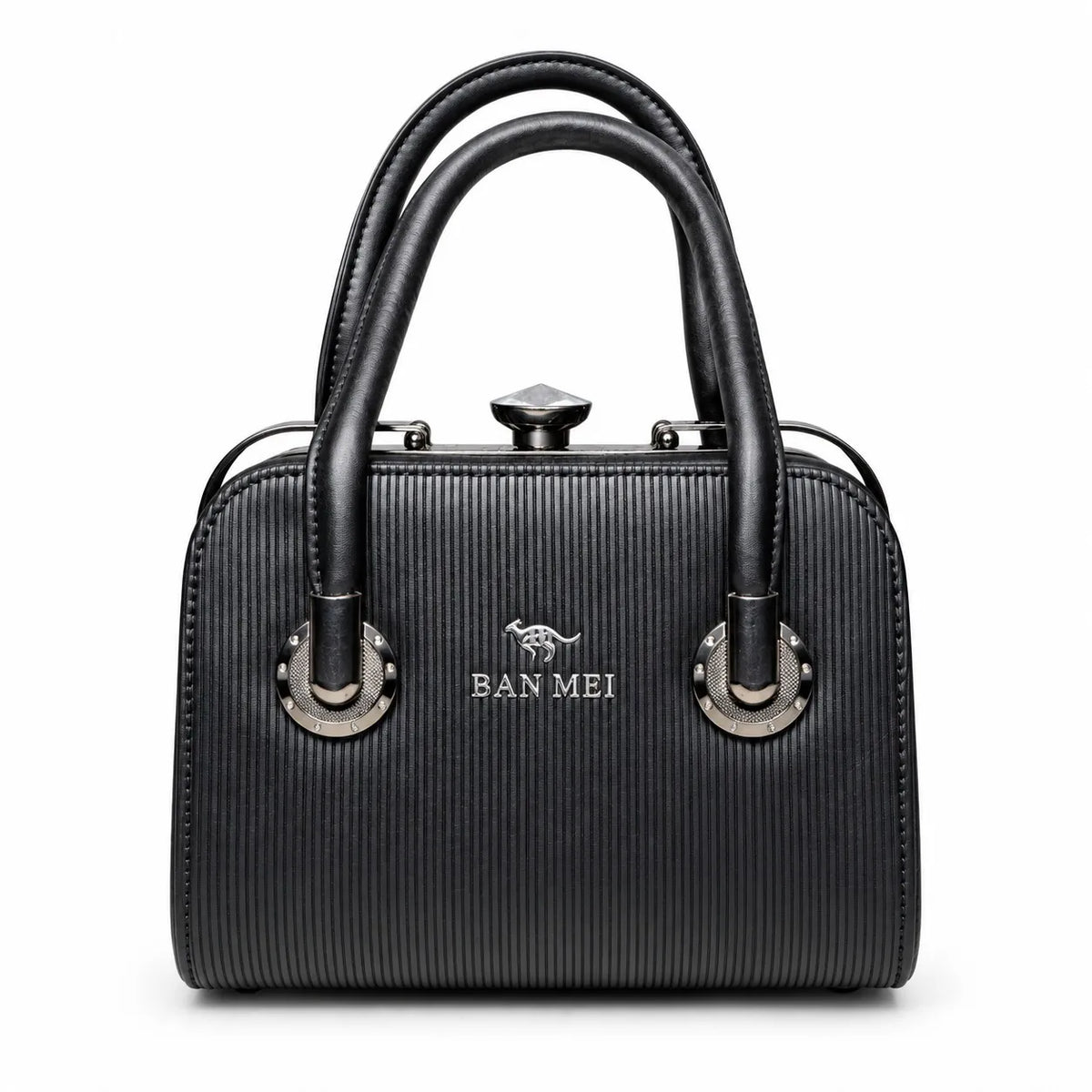 Black Ribbed Structured Handbag for Women – Elegant Top Handle Purse with Metallic Clasp