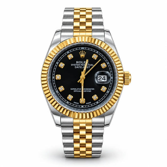 Luxury Men’s Two-Tone Black Dial Watch – Gold & Silver Stainless Steel Date Watch