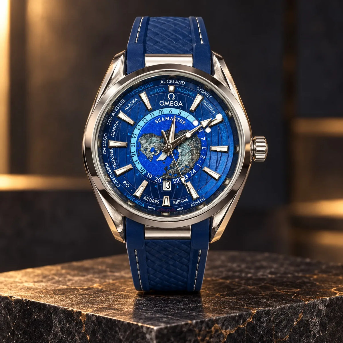 Luxury Men’s Blue World Time Watch – Stainless Steel Case with Blue Rubber Strap & Date