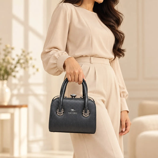 Black Ribbed Structured Handbag for Women – Elegant Top Handle Purse with Metallic Clasp