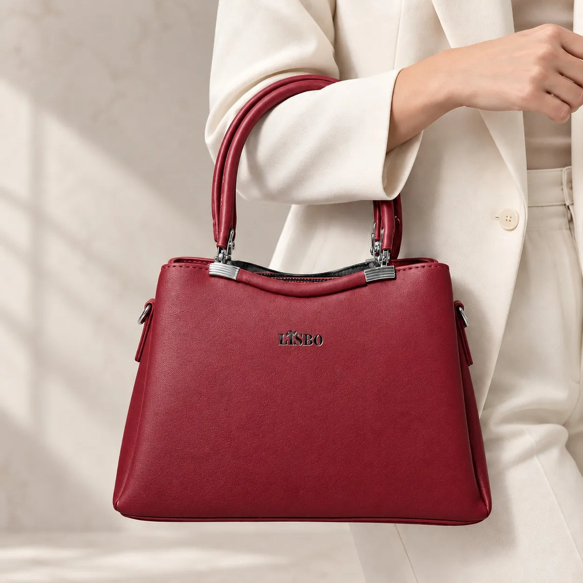 Women’s Light Blue Structured Handbag with Top Handle & Metal Detail