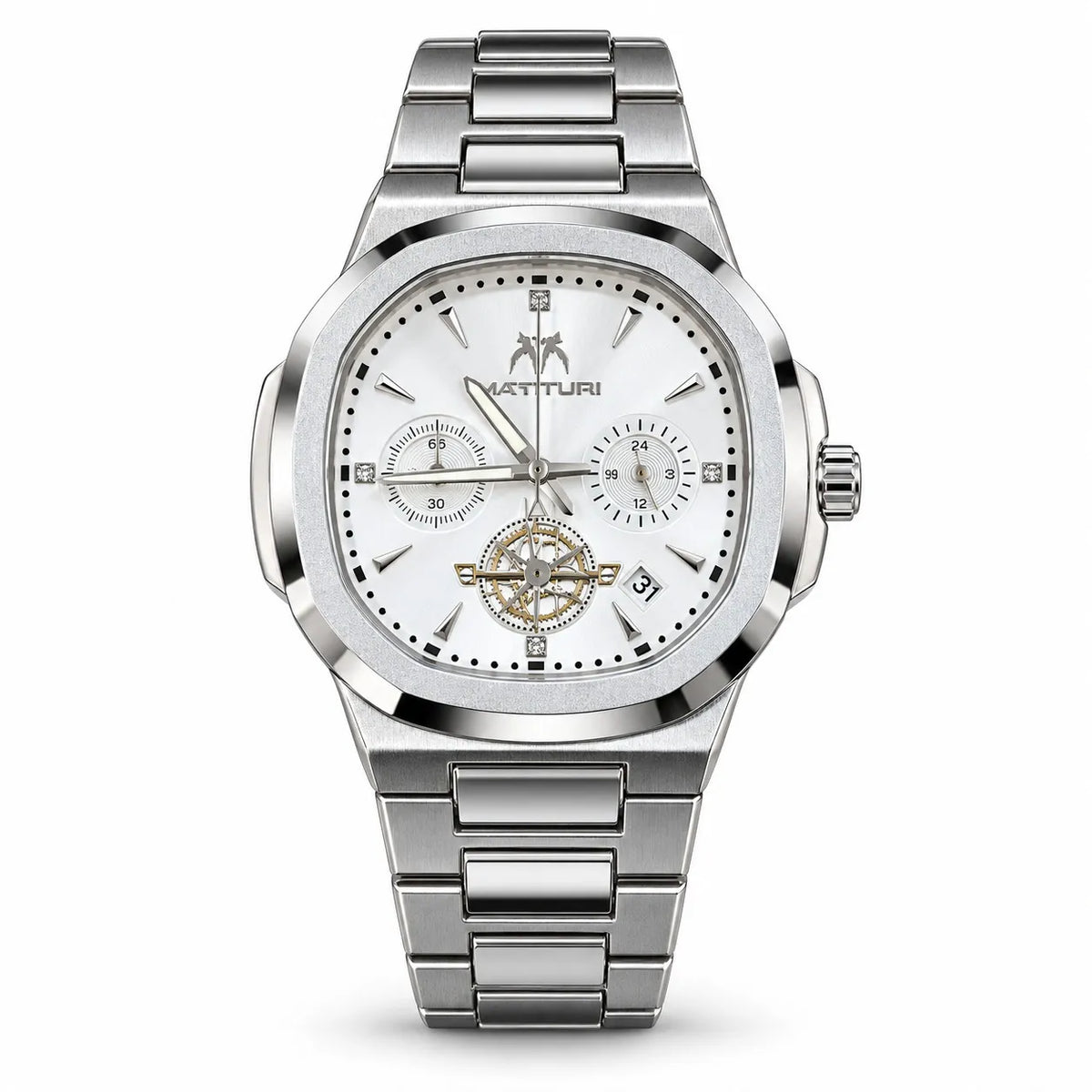 Luxury Men’s Silver Chronograph Watch – White Dial Stainless Steel Date Wristwatch