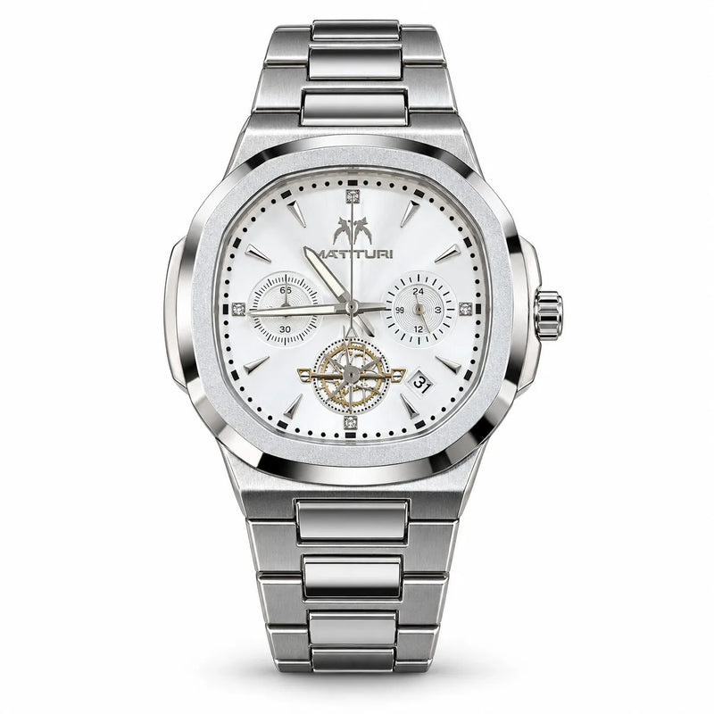 Luxury Men’s Silver Chronograph Watch – White Dial Stainless Steel Date Wristwatch