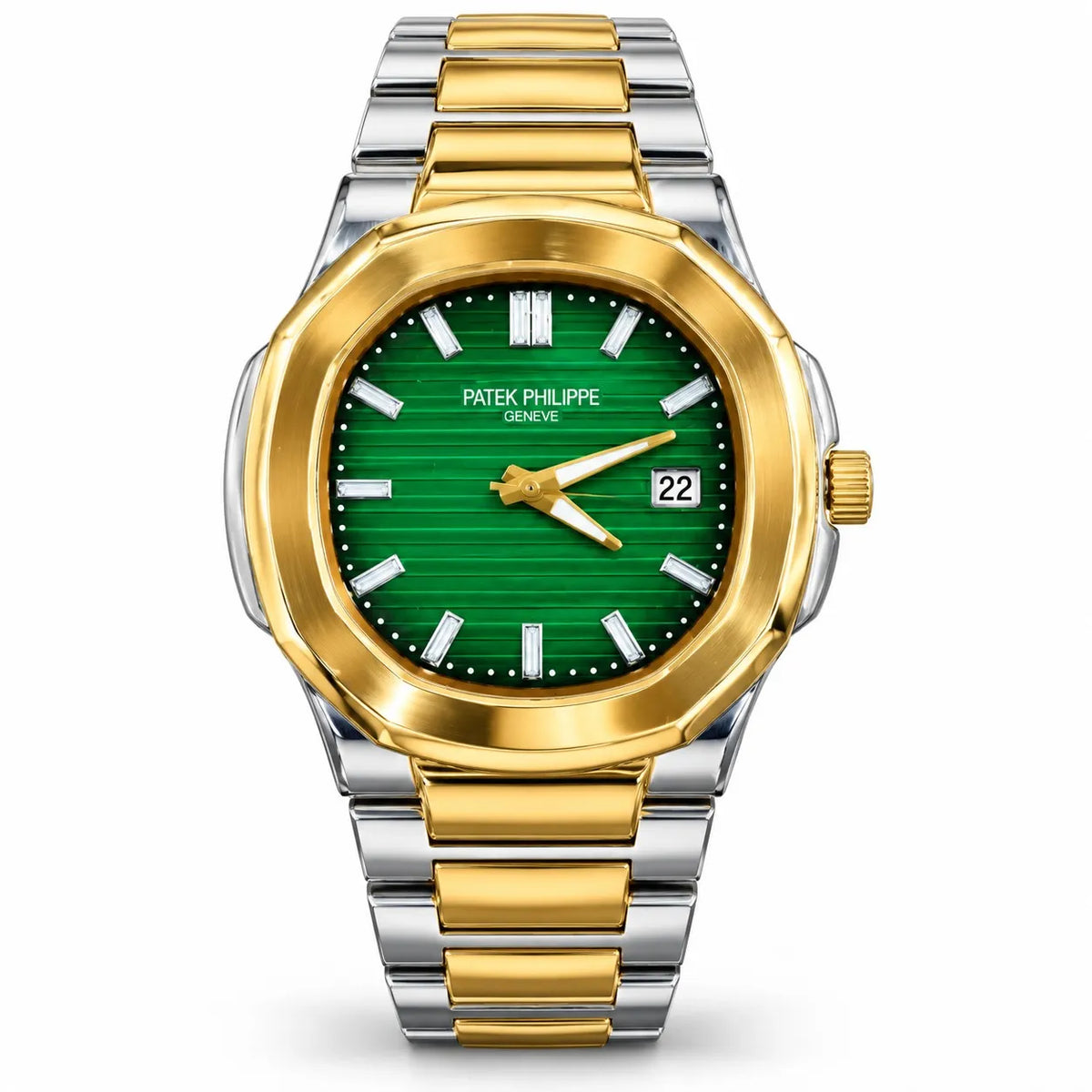Luxury Men’s Green Dial Two-Tone Watch – Gold & Silver Stainless Steel Date Wristwatch