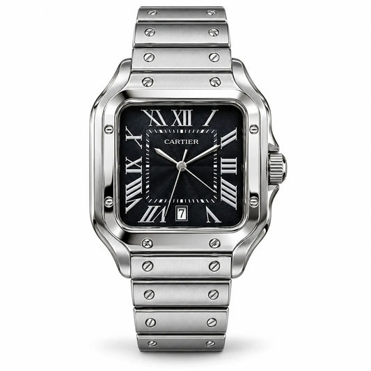 Luxury Men’s Black Square Watch – Silver Stainless Steel Bracelet with Roman Numerals & Date