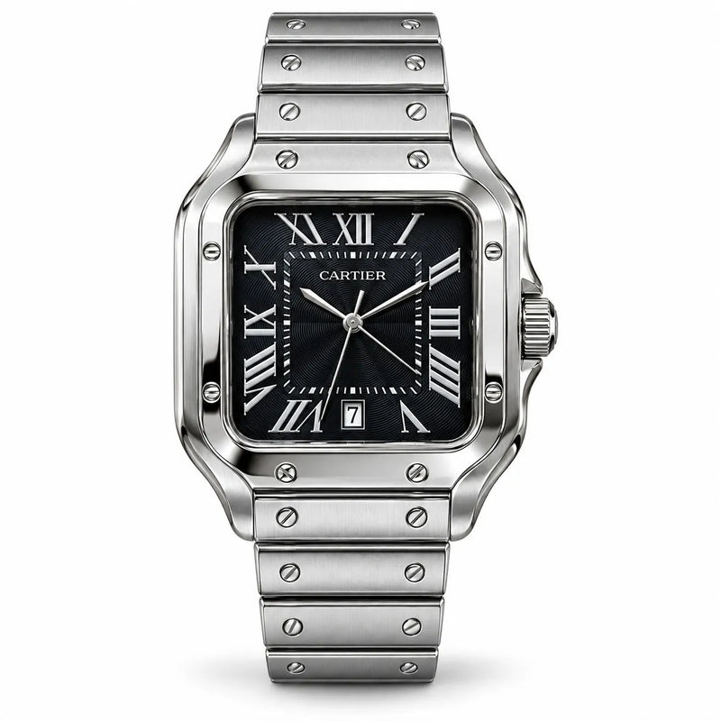 Luxury Men’s Black Square Watch – Silver Stainless Steel Bracelet with Roman Numerals & Date