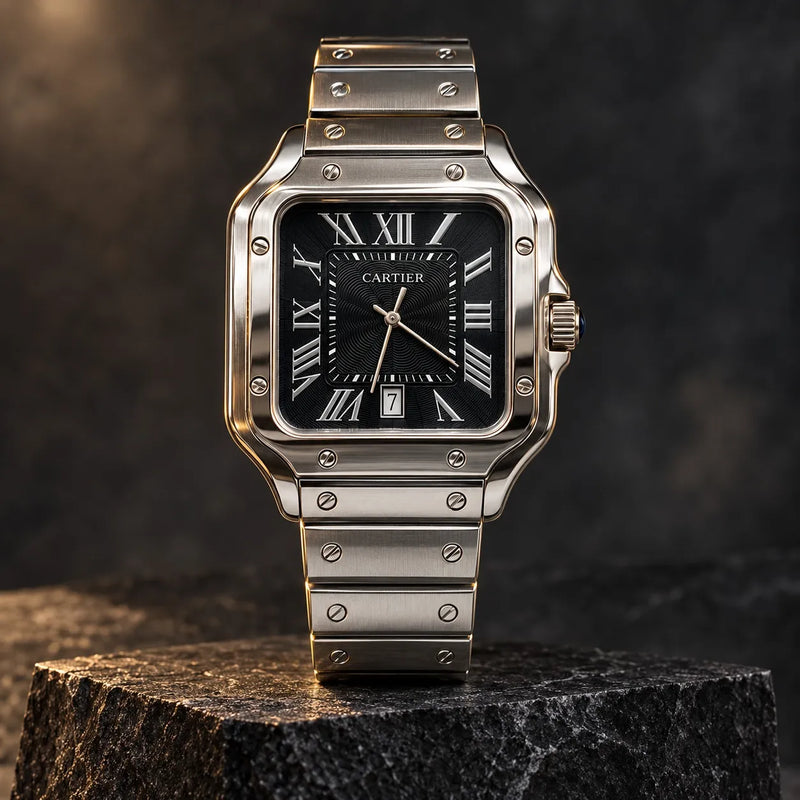 Luxury Men’s Black Square Watch – Silver Stainless Steel Bracelet with Roman Numerals & Date