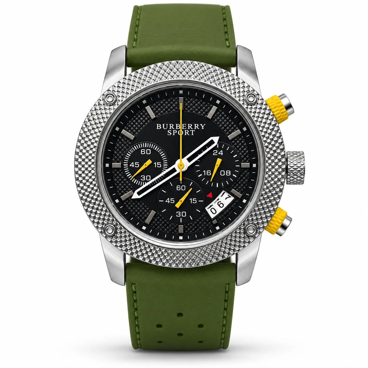 Men’s Green Chronograph Watch – Black Dial, Textured Silver Bezel & Sport Leather Strap