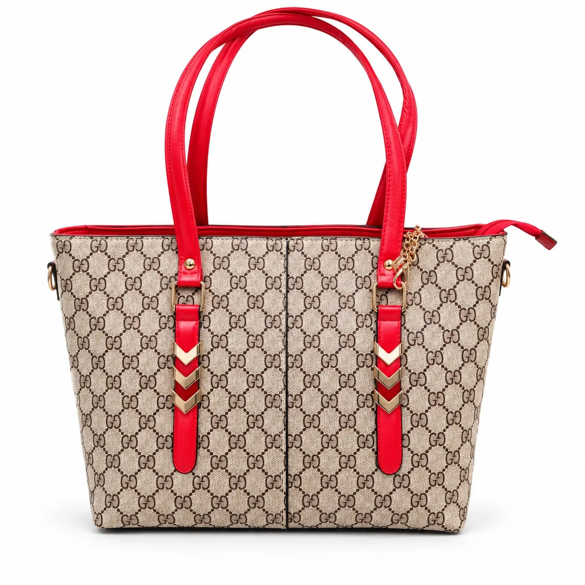 Red & Beige Monogram Print Tote Bag for Women – Large Structured Shoulder Handbag