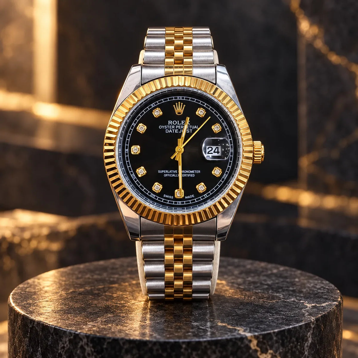 Luxury Men’s Two-Tone Black Dial Watch – Gold & Silver Stainless Steel Date Watch