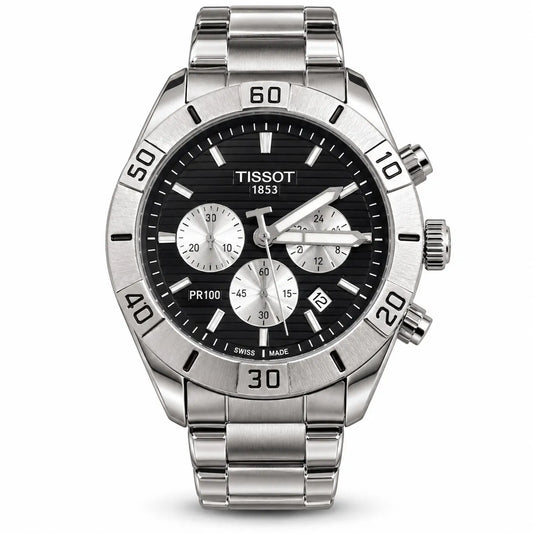 Men’s Black Chronograph Watch – Stainless Steel Sports Watch with Tachymeter-Style Bezel & Date