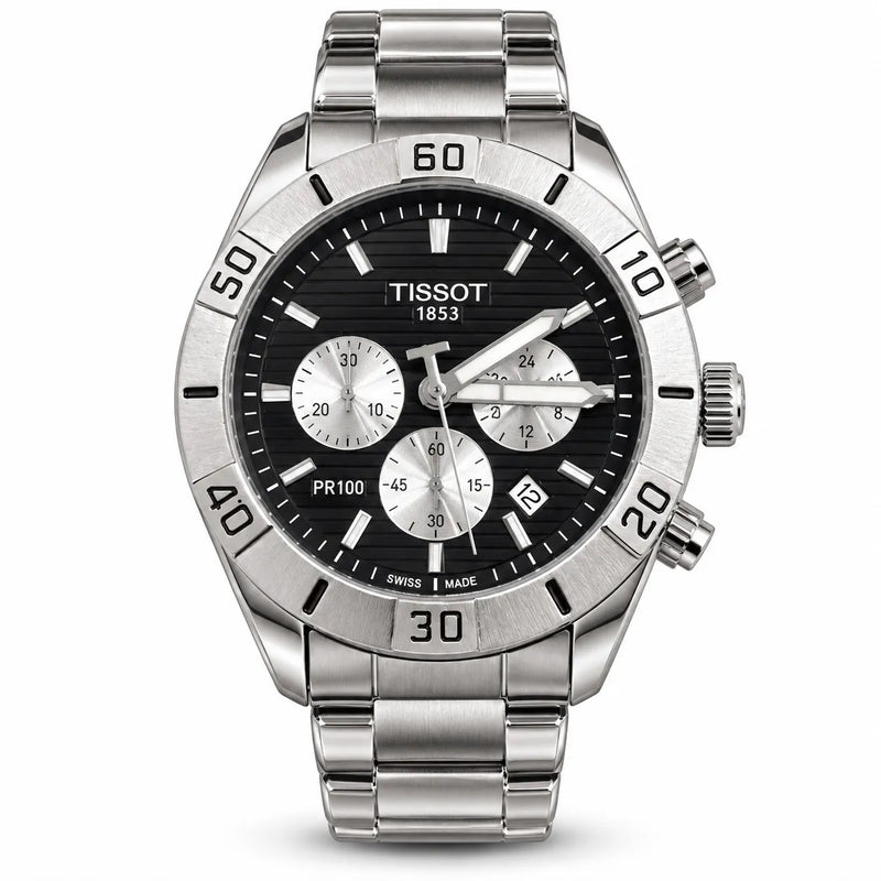 Men’s Black Chronograph Watch – Stainless Steel Sports Watch with Tachymeter-Style Bezel & Date