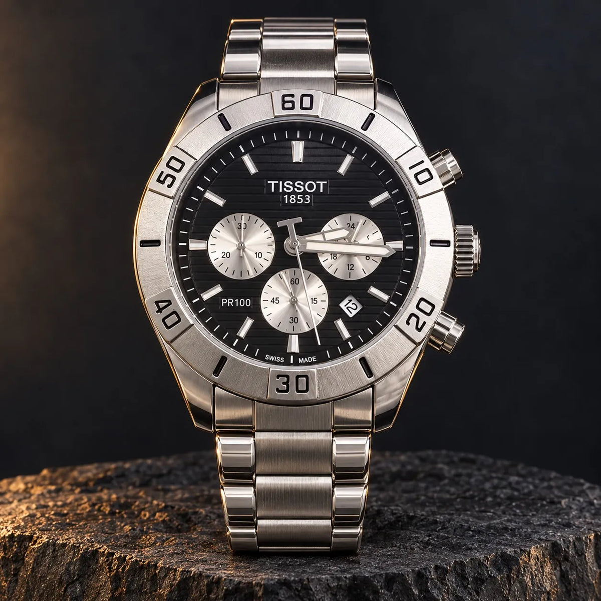 Men’s Black Chronograph Watch – Stainless Steel Sports Watch with Tachymeter-Style Bezel & Date