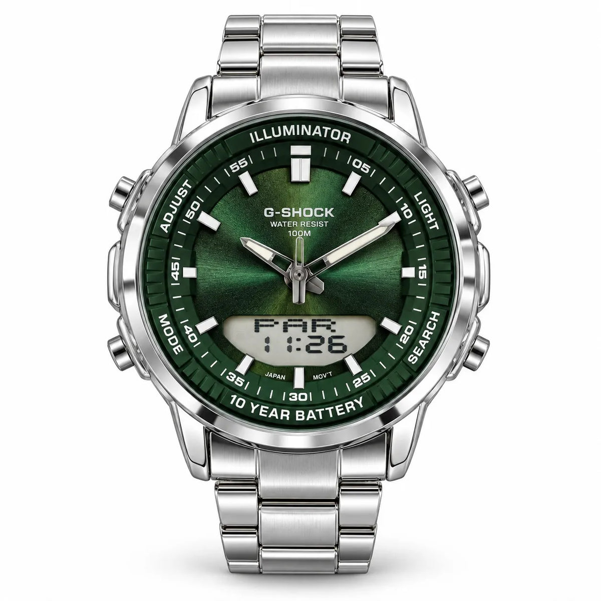 Men’s Green Analog-Digital Watch – Stainless Steel Sport Watch with 100M Water Resistance & 10-Year Battery