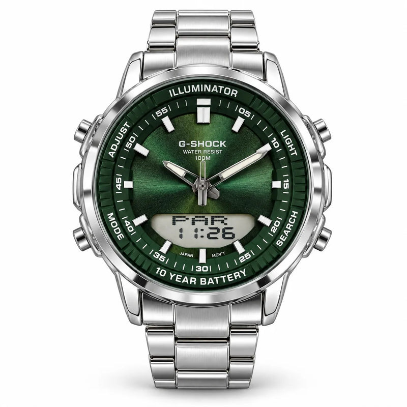 Men’s Green Analog-Digital Watch – Stainless Steel Sport Watch with 100M Water Resistance & 10-Year Battery