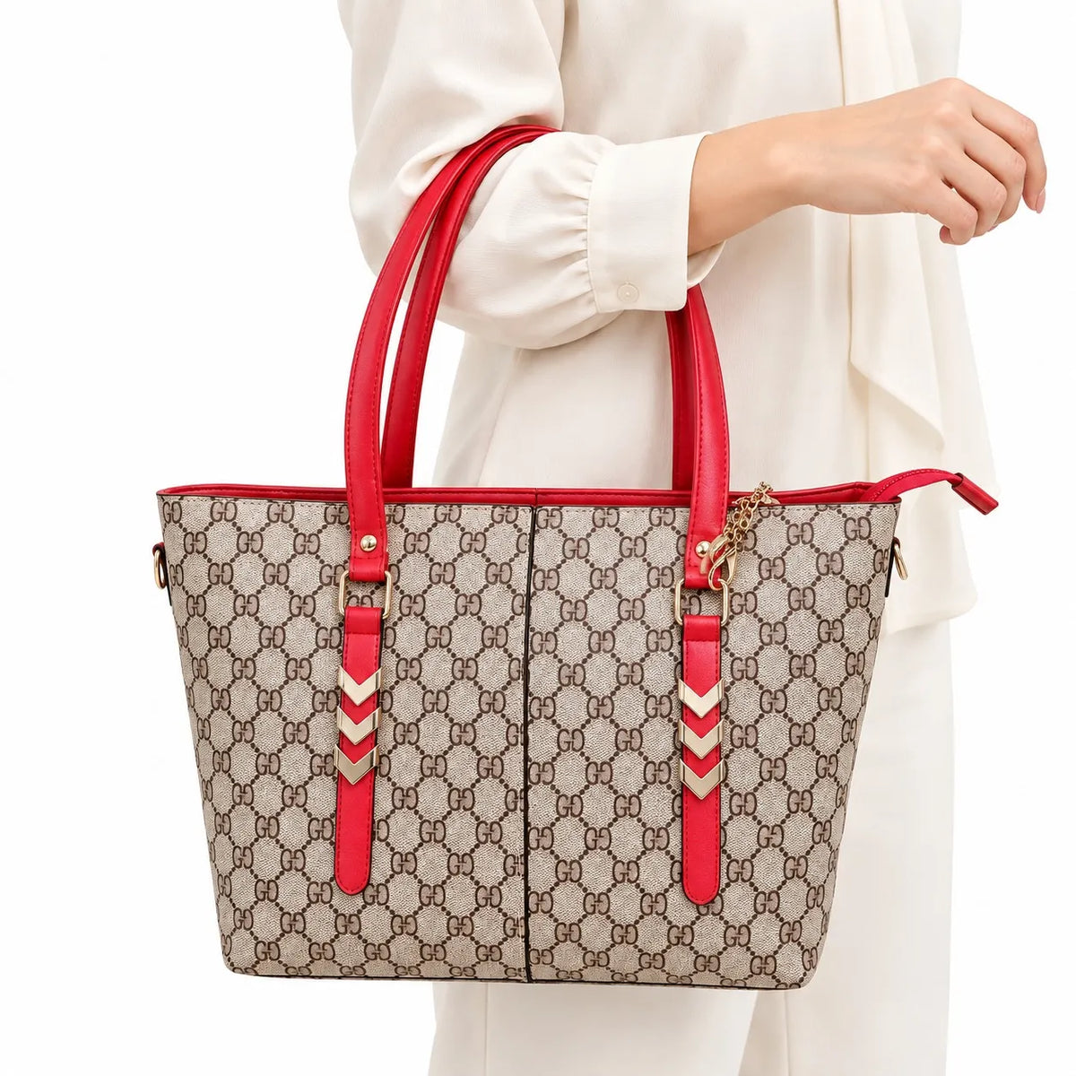 Red & Beige Monogram Print Tote Bag for Women – Large Structured Shoulder Handbag