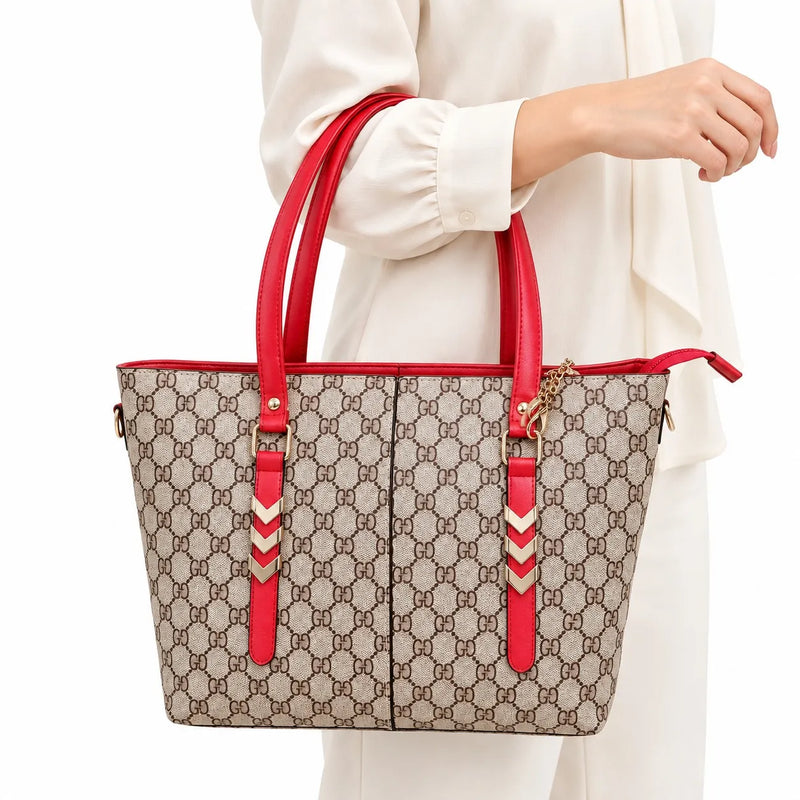 Red & Beige Monogram Print Tote Bag for Women – Large Structured Shoulder Handbag