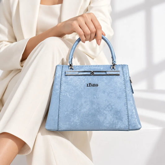 Women’s Light Blue Structured Handbag with Top Handle & Metal Detail