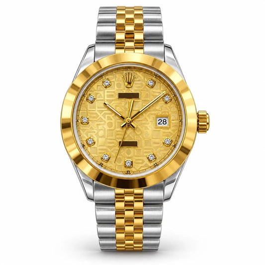 Luxury Men’s Two-Tone Gold & Silver Watch – Premium Gold Dial Date Wristwatch