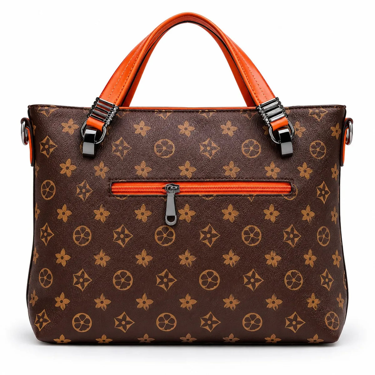 Women’s Brown Monogram Tote Bag with Orange Handles & Front Zip Pocket