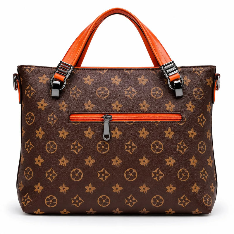 Women’s Brown Monogram Tote Bag with Orange Handles & Front Zip Pocket