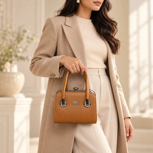 Luxury Brown Structured Handbag for Women | Elegant Ribbed Top Handle Bag