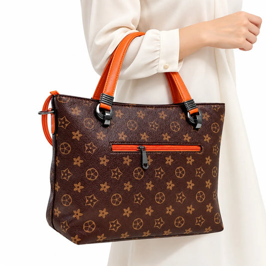 Women’s Brown Monogram Tote Bag with Orange Handles & Front Zip Pocket