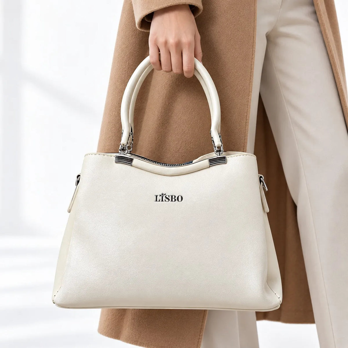 Women’s Light Blue Structured Handbag with Top Handle & Metal Detail