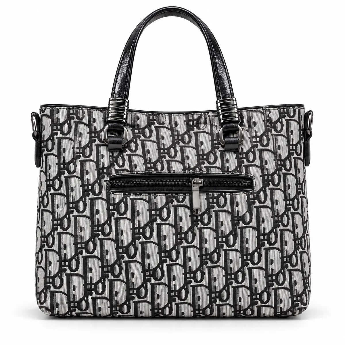 Women’s Black & White Monogram Tote Bag with Front Zip Pocket