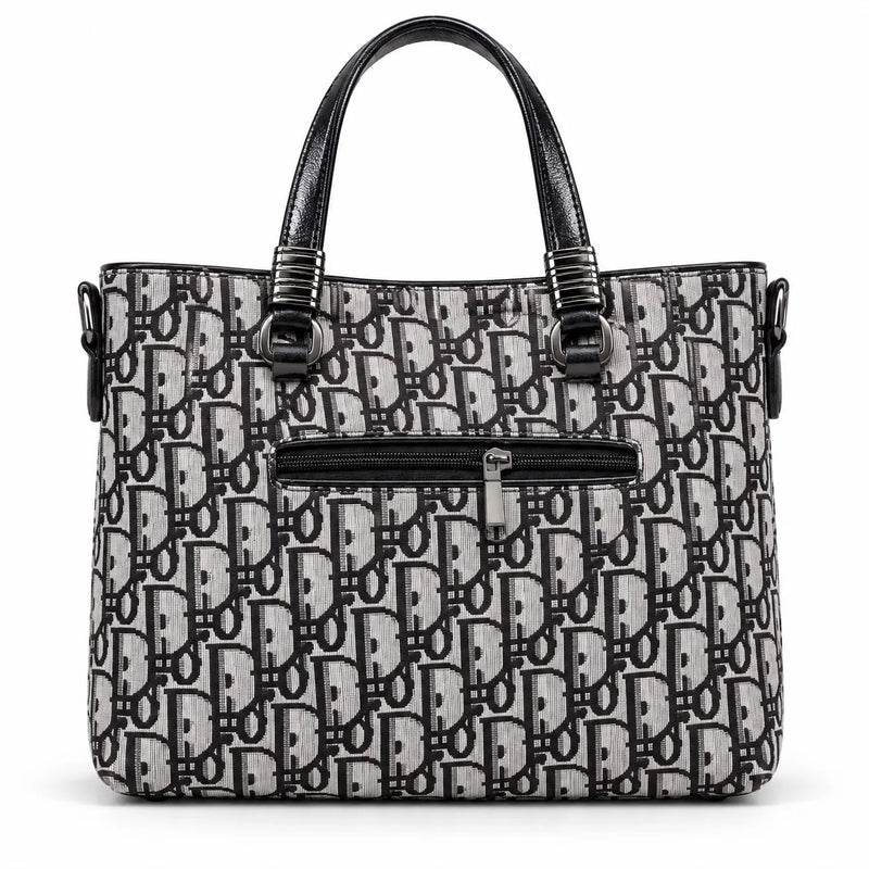 Women’s Black & White Monogram Tote Bag with Front Zip Pocket