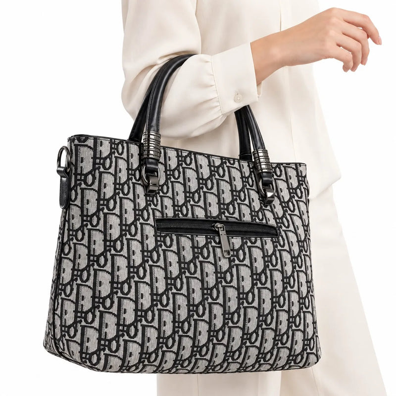 Women’s Black & White Monogram Tote Bag with Front Zip Pocket