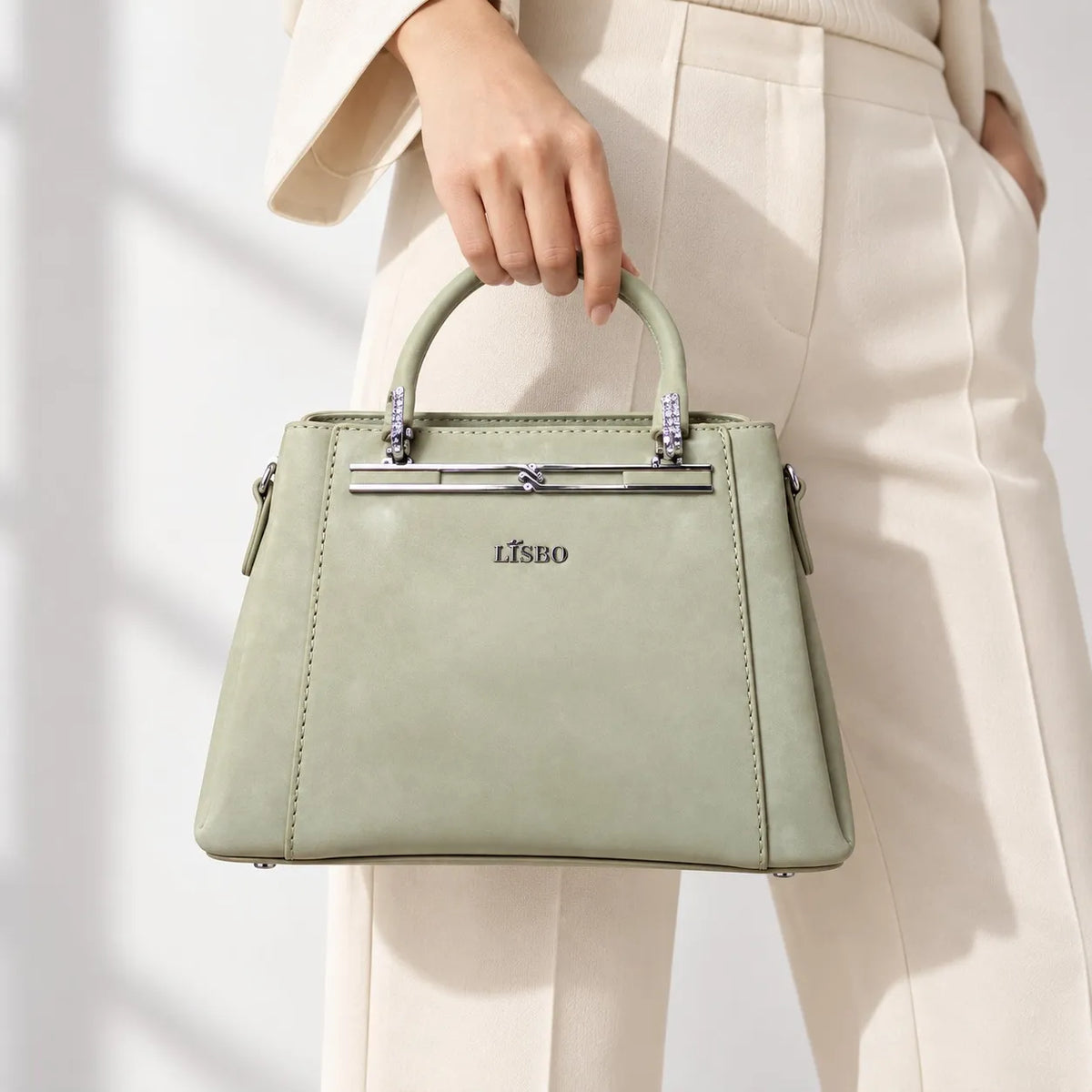 Women’s Light Blue Structured Handbag with Top Handle & Metal Detail
