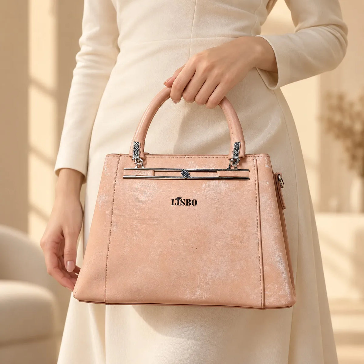 Women’s Light Blue Structured Handbag with Top Handle & Metal Detail