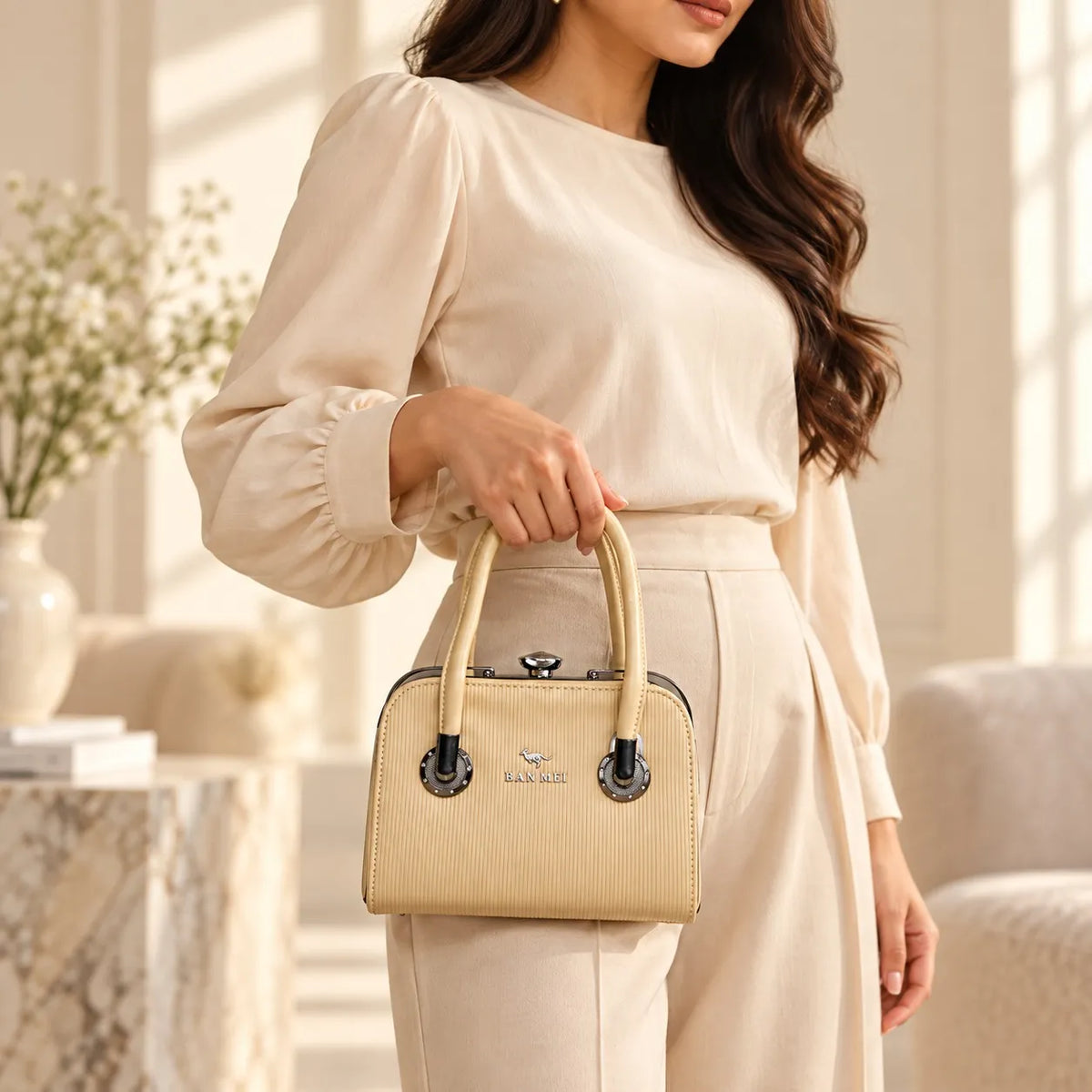 Elegant Ribbed Structured Handbag for Women – Vintage Top Handle Shoulder Bag