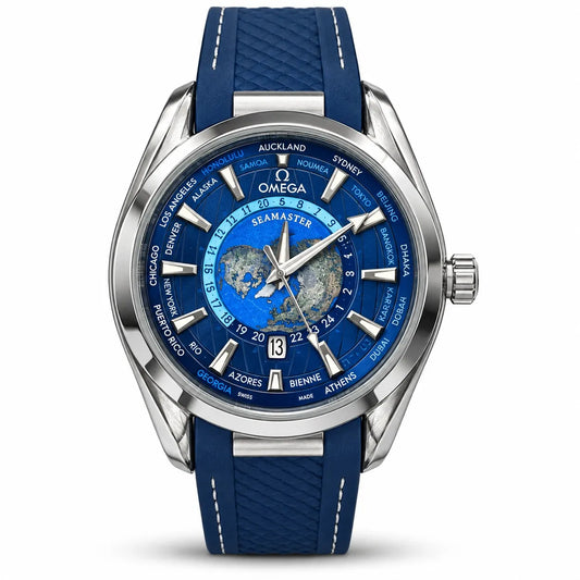 Luxury Men’s Blue World Time Watch – Stainless Steel Case with Blue Rubber Strap & Date