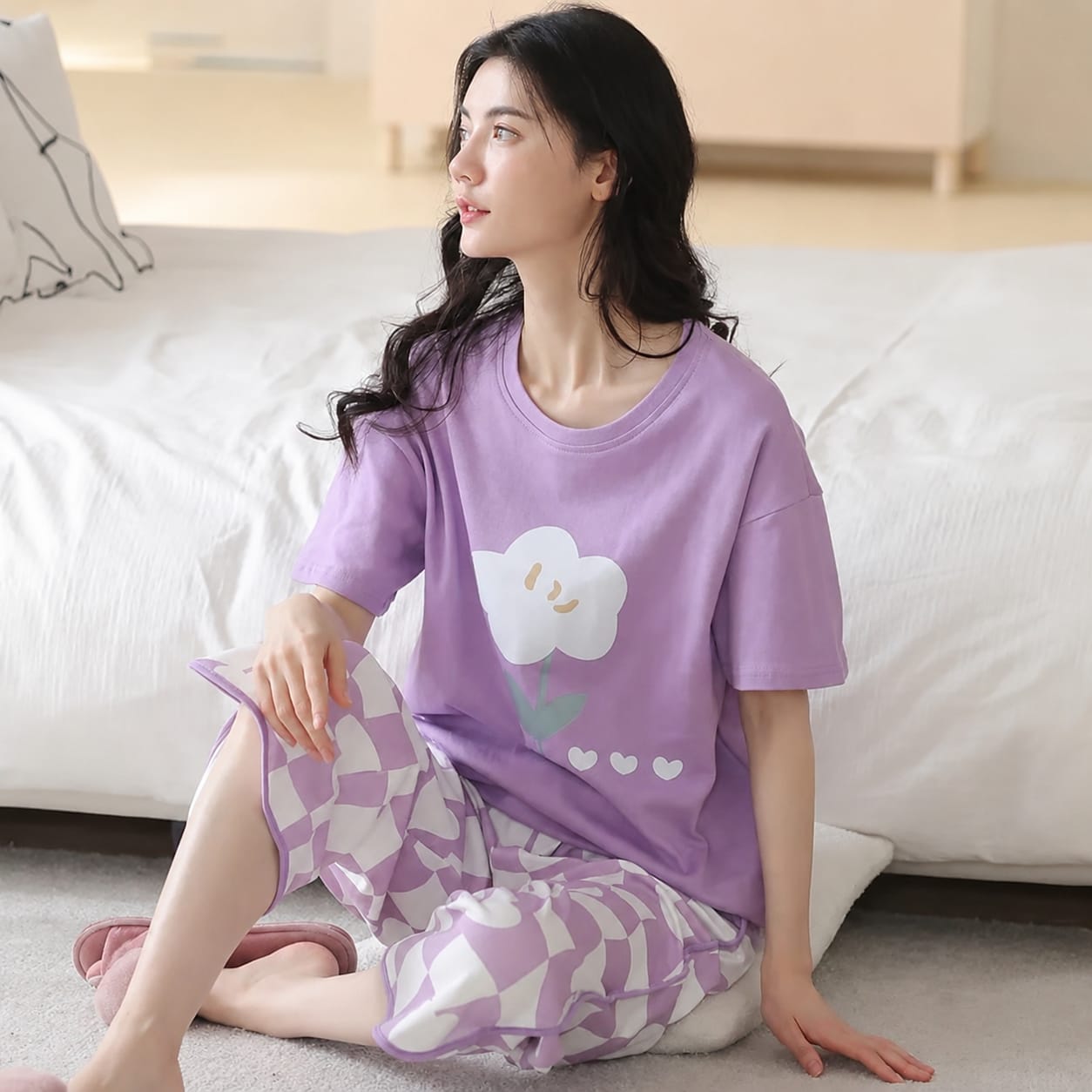 Lavender Flower Checkered Pajama Set