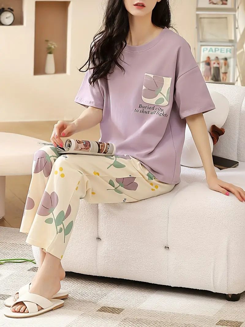 Lilac Blossom Mix-Print Pajama Set