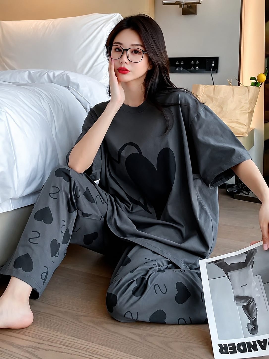 Charcoal Heart Print Pajama Set